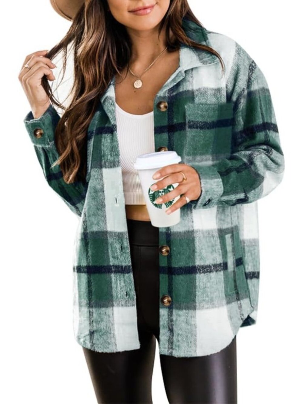 Womens Teal Green Fall Plaid Long Sleeve Bust Pocket Button Down Flannel Shacket